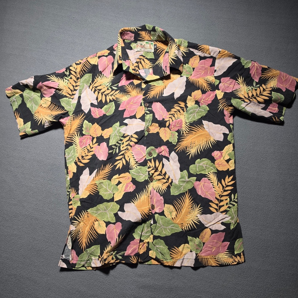 Tori Richard Mens Medium Hawaiian Shirt Tropical Leaf Print Black Made in Hawaii